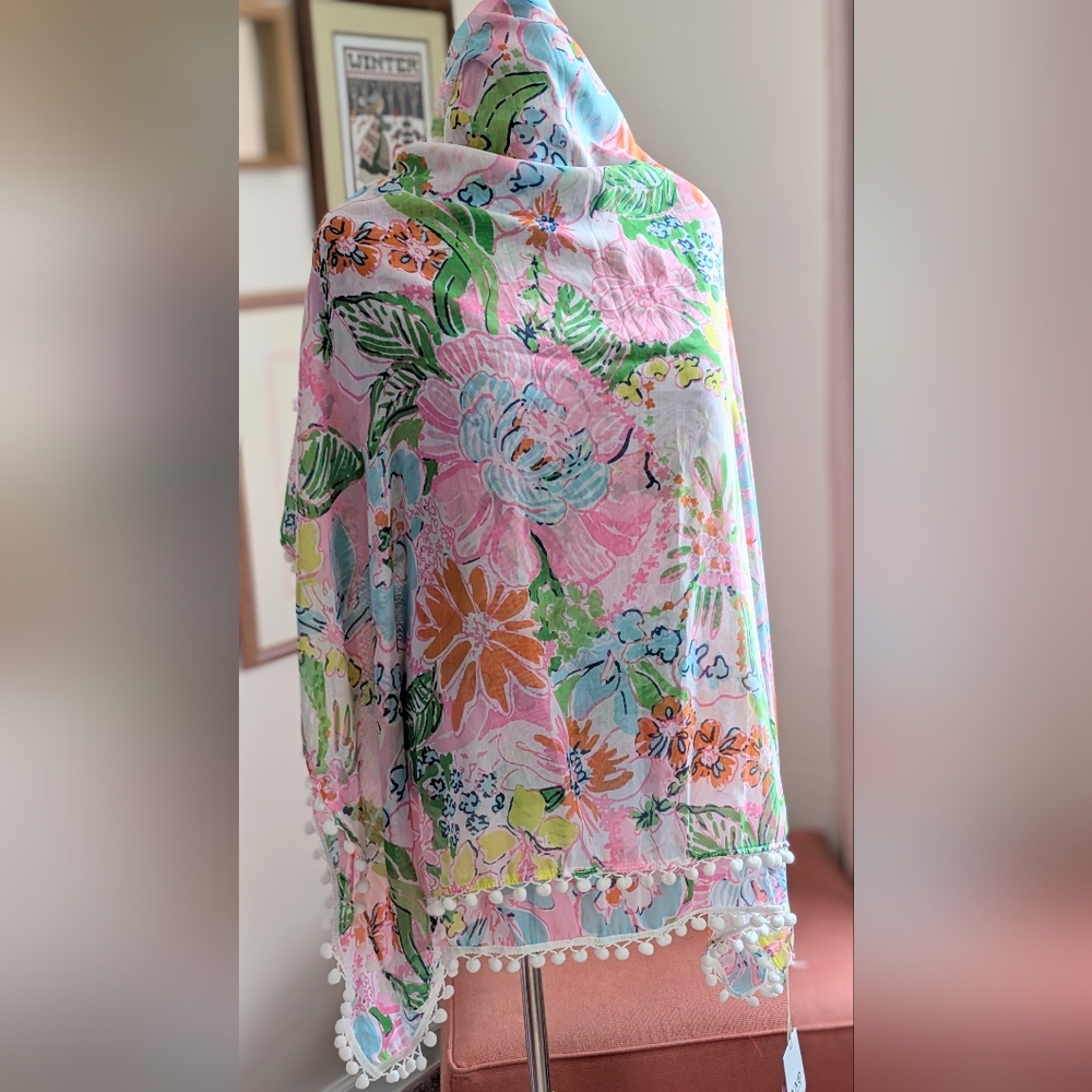 Lilly Pulitzer for Target Floral Multicolor Shawl with Pom Pom Trim